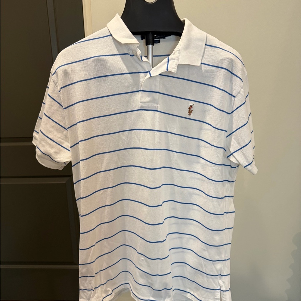 Polo Ralph Lauren White Blue Striped Polo Shirt Men’s Large Classic Fit